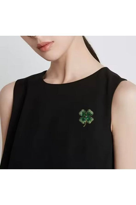 Kore Tarzı Yeşil Zirkon Taş Şanslı Dört Yapraklı Yonca Broş Yaka İğnesi