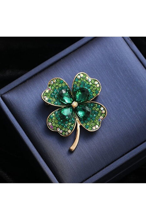 Kore Tarzı Yeşil Zirkon Taş Şanslı Dört Yapraklı Yonca Broş Yaka İğnesi