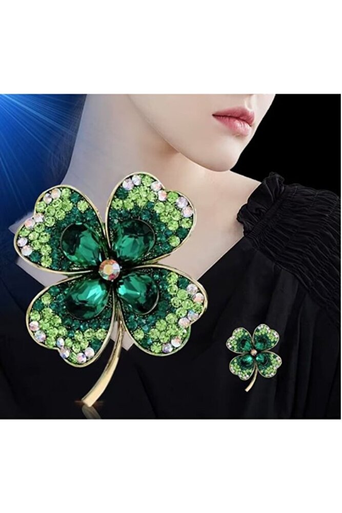 Kore Tarzı Yeşil Zirkon Taş Şanslı Dört Yapraklı Yonca Broş Yaka İğnesi