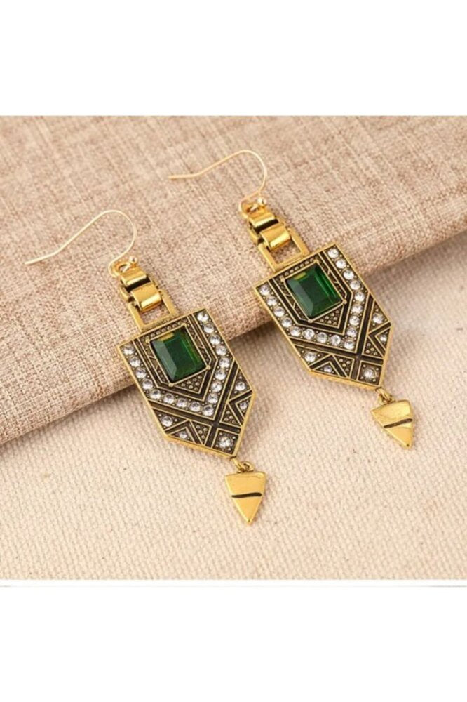 Yeşil Taşlı Arkeon Otantik Küpe-paslanmaz