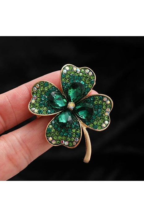Kore Tarzı Yeşil Zirkon Taş Şanslı Dört Yapraklı Yonca Broş Yaka İğnesi