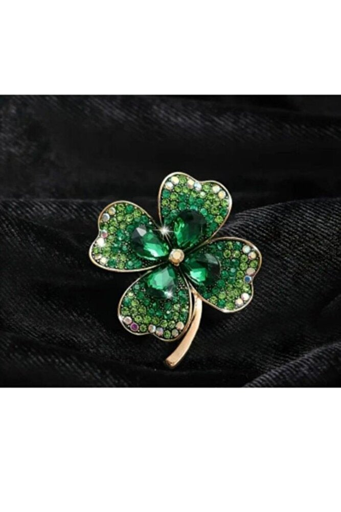 Kore Tarzı Yeşil Zirkon Taş Şanslı Dört Yapraklı Yonca Broş Yaka İğnesi