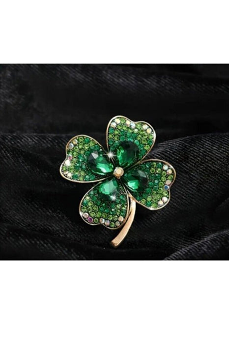 Kore Tarzı Yeşil Zirkon Taş Şanslı Dört Yapraklı Yonca Broş Yaka İğnesi