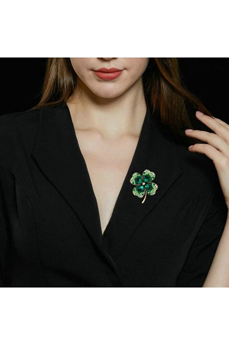 Kore Tarzı Yeşil Zirkon Taş Şanslı Dört Yapraklı Yonca Broş Yaka İğnesi